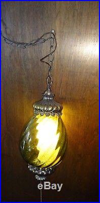 Vintage MCM Pendant Green Twist Glass Hanging Swag Lamp with Pull Chain Light