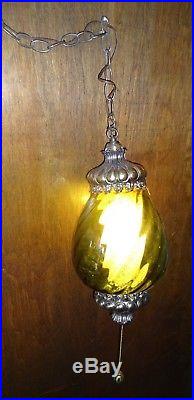 Vintage MCM Pendant Green Twist Glass Hanging Swag Lamp with Pull Chain Light
