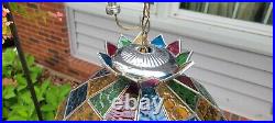 Vintage MCM Pool Table Bar Stained Glass Hanging Light Fixture