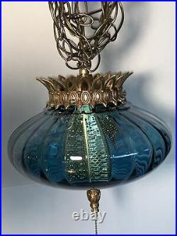 Vintage MCM Real Blue Glass Swag Hanging Lamp Ceiling Light
