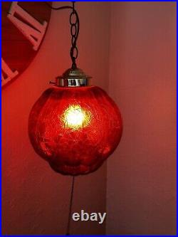 Vintage MCM Red Globe Hanging Light, Chain Swag Lamp Black Chain, USA Made