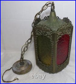 Vintage MCM Regency Cast Metal Gothic Style 5 Color Panel Hanging Swag Lamp