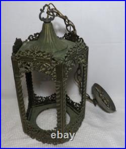 Vintage MCM Regency Cast Metal Gothic Style 5 Color Panel Hanging Swag Lamp