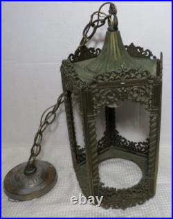 Vintage MCM Regency Cast Metal Gothic Style 5 Color Panel Hanging Swag Lamp