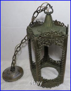 Vintage MCM Regency Cast Metal Gothic Style 5 Color Panel Hanging Swag Lamp