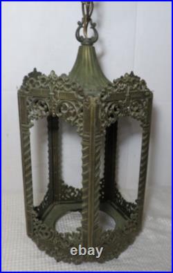 Vintage MCM Regency Cast Metal Gothic Style 5 Color Panel Hanging Swag Lamp