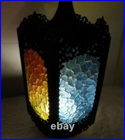 Vintage MCM Regency Cast Metal Gothic Style 5 Color Panel Hanging Swag Lamp