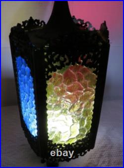 Vintage MCM Regency Cast Metal Gothic Style 5 Color Panel Hanging Swag Lamp