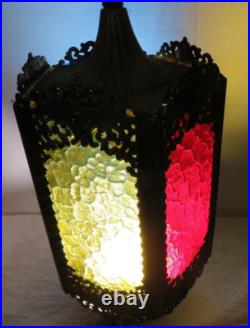 Vintage MCM Regency Cast Metal Gothic Style 5 Color Panel Hanging Swag Lamp