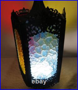 Vintage MCM Regency Cast Metal Gothic Style 5 Color Panel Hanging Swag Lamp