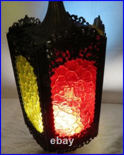Vintage MCM Regency Cast Metal Gothic Style 5 Color Panel Hanging Swag Lamp