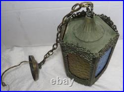 Vintage MCM Regency Cast Metal Gothic Style 5 Color Panel Hanging Swag Lamp