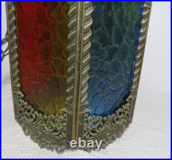 Vintage MCM Regency Cast Metal Gothic Style 5 Color Panel Hanging Swag Lamp