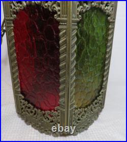Vintage MCM Regency Cast Metal Gothic Style 5 Color Panel Hanging Swag Lamp