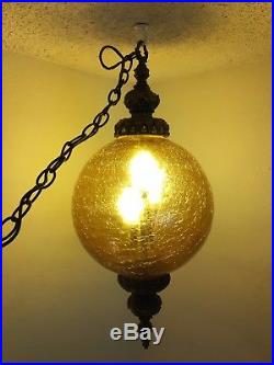 Vintage MCM Retro Amber Gold Crackle Glass Hanging Swag Globe Light Lamp