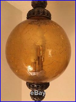 Vintage MCM Retro Amber Gold Crackle Glass Hanging Swag Globe Light Lamp