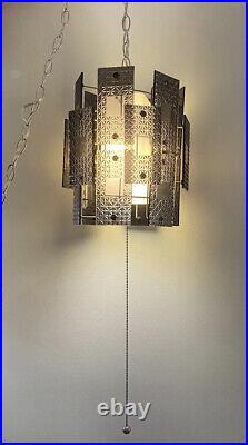 Vintage MCM Retro Atomic Hanging Chandelier Swag Light Lamp Acrylic Panel WORKS