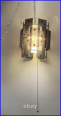 Vintage MCM Retro Atomic Hanging Chandelier Swag Light Lamp Acrylic Panel WORKS