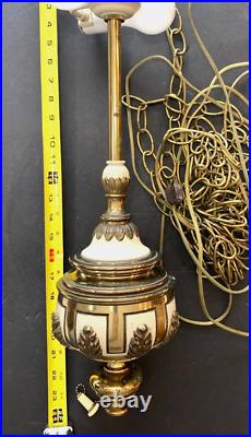 Vintage MCM Retro BRASS & CREAM Hanging Light Swag Lamp with 12' of Chain, Works
