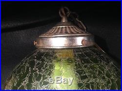 Vintage MCM Retro Green Crackled Glass Hanging Swag Chandelier Globe Light Lamp