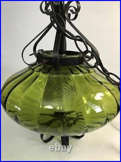 Vintage MCM Retro Hanging Swag Lamp Green Glass Light Chain Diffuser Saucer UFO
