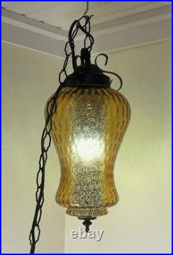 Vintage MCM Retro Honeycomb Pattern Amber Dbl Art Glass Pendant Swag Lamp 16