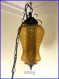 Vintage MCM Retro Honeycomb Pattern Amber Dbl Art Glass Pendant Swag Lamp 16