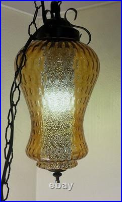 Vintage MCM Retro Honeycomb Pattern Amber Dbl Art Glass Pendant Swag Lamp 16