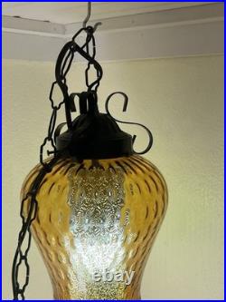 Vintage MCM Retro Honeycomb Pattern Amber Dbl Art Glass Pendant Swag Lamp 16