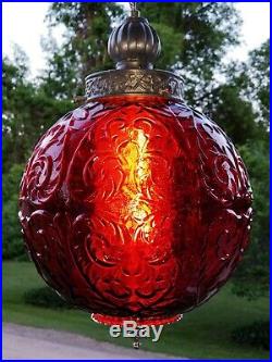 Vintage MCM Ruby Red Glass Ball Shade Hanging Swag Lamp Nickel Cast Metal