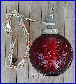 Vintage MCM Ruby Red Glass Ball Shade Hanging Swag Lamp Nickel Cast Metal