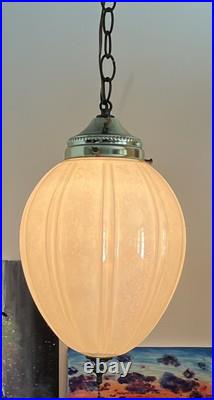 Vintage MCM SWAG Lamp Light White Opalescent Iridescent Glass Shade Pull Chain