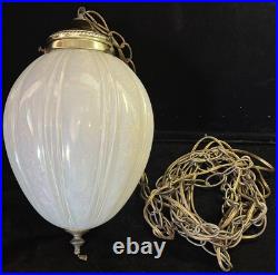 Vintage MCM SWAG Lamp Light White Opalescent Iridescent Glass Shade Pull Chain