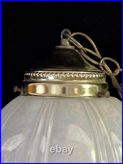 Vintage MCM SWAG Lamp Light White Opalescent Iridescent Glass Shade Pull Chain