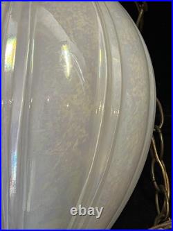 Vintage MCM SWAG Lamp Light White Opalescent Iridescent Glass Shade Pull Chain