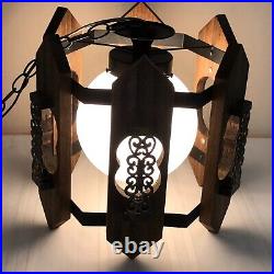 Vintage MCM Spanish Gothic Hanging Swag Lamp 1970's Wood