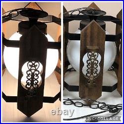 Vintage MCM Spanish Gothic Hanging Swag Lamp 1970's Wood