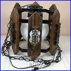 Vintage MCM Spanish Gothic Hanging Swag Lamp 1970's Wood