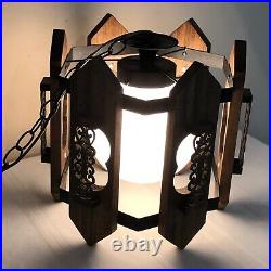 Vintage MCM Spanish Gothic Hanging Swag Lamp 1970's Wood