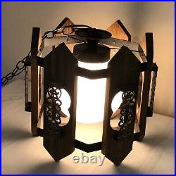 Vintage MCM Spanish Gothic Hanging Swag Lamp 1970's Wood