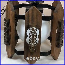 Vintage MCM Spanish Gothic Hanging Swag Lamp 1970's Wood