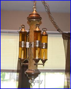 Vintage MCM Spanish Revival Amber Hanging Swag Light