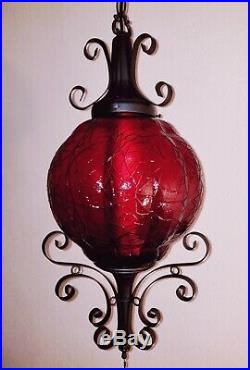 Vintage MCM Spanish Tudor Red Crackle Wrought Iron Hanging Swag Lamp Gothic