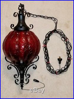 Vintage MCM Spanish Tudor Red Crackle Wrought Iron Hanging Swag Lamp Gothic