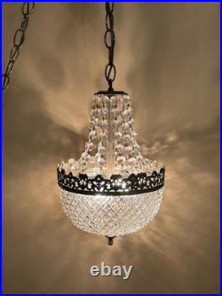 Vintage MCM Swag Lamp-Brass & Cut Crystal Globe/Hanging Strands Cut Glass Prisms