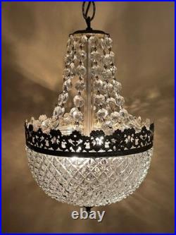 Vintage MCM Swag Lamp-Brass & Cut Crystal Globe/Hanging Strands Cut Glass Prisms