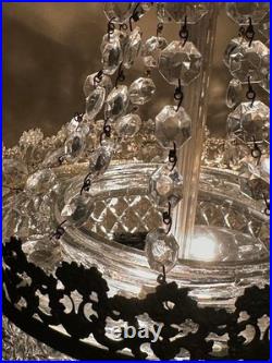 Vintage MCM Swag Lamp-Brass & Cut Crystal Globe/Hanging Strands Cut Glass Prisms