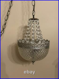 Vintage MCM Swag Lamp-Brass & Cut Crystal Globe/Hanging Strands Cut Glass Prisms