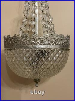 Vintage MCM Swag Lamp-Brass & Cut Crystal Globe/Hanging Strands Cut Glass Prisms