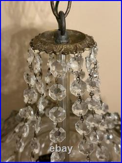 Vintage MCM Swag Lamp-Brass & Cut Crystal Globe/Hanging Strands Cut Glass Prisms